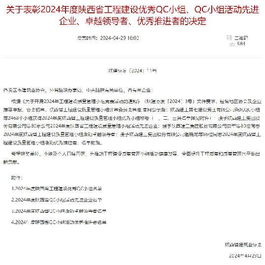 喜報(bào)！陜西建筑產(chǎn)業(yè)投資集團(tuán)QC成果在陜西省工程建設(shè)質(zhì)量管理小組競賽中斬獲佳績
